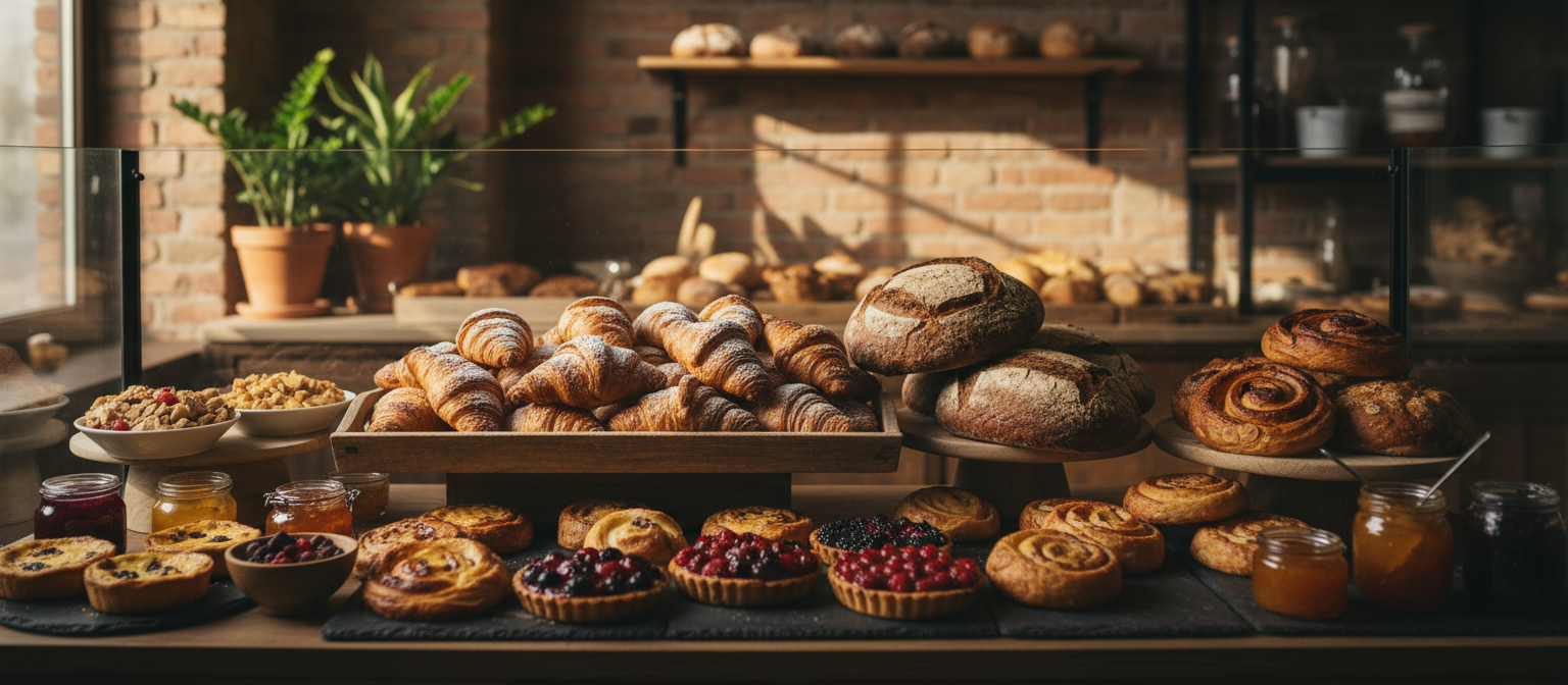 Fresh bread and pastries on a bakery counter